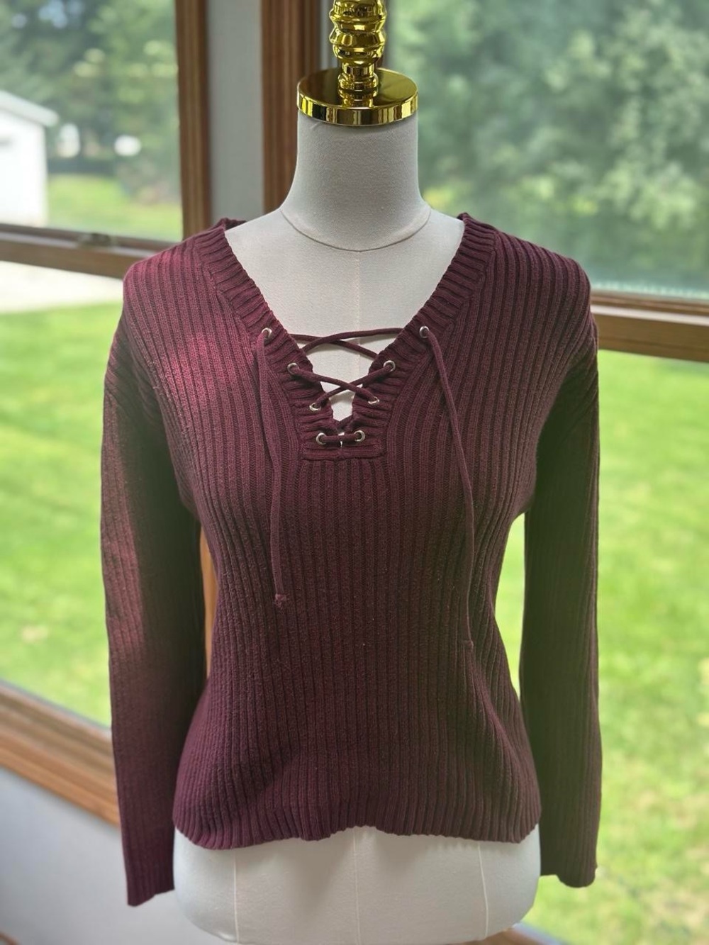 Victoria Jones Woman Ribbed Lace-Up V-Neck Sweater - 100% Vintage Cotton